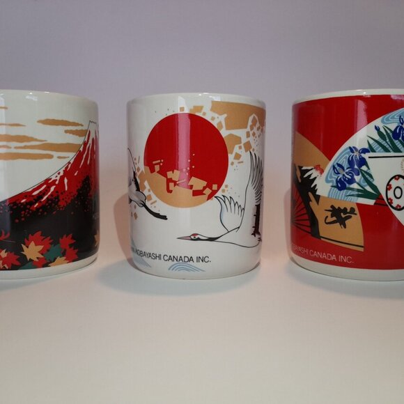 Vintage Japanese Art Mugs Set of 3 Kohan Kobayashi Stork Fan Volcano - Picture 9 of 12